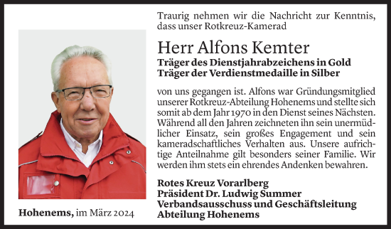 Todesanzeige von Alfons Kemter von Vorarlberger Nachrichten