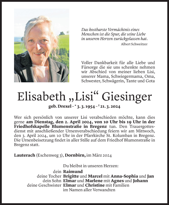 Todesanzeige von Elisabeth Giesinger von Vorarlberger Nachrichten