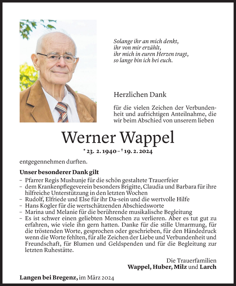  Todesanzeige für Werner Wappel vom 15.03.2024 aus Vorarlberger Nachrichten