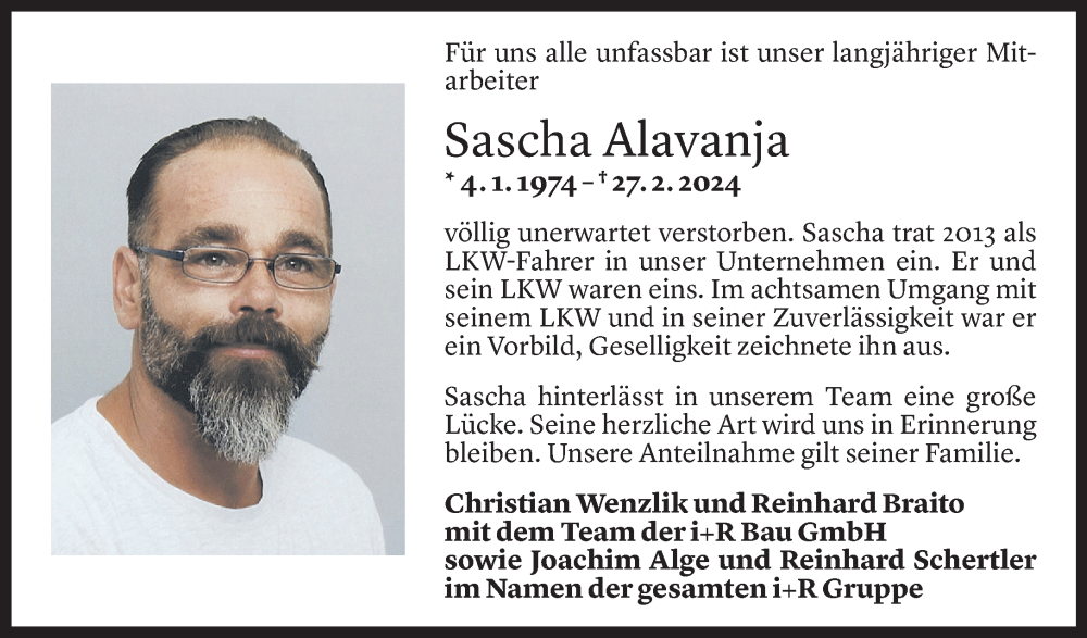  Todesanzeige für Sascha Alavanja vom 01.03.2024 aus Vorarlberger Nachrichten