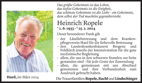 Todesanzeige von Heinrich Ropele von Vorarlberger Nachrichten