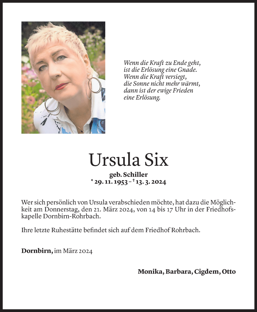  Todesanzeige für Ursula Six vom 15.03.2024 aus Vorarlberger Nachrichten