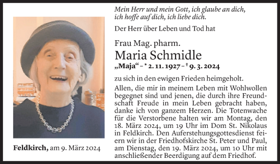 Todesanzeige von Maria Schmidle von Vorarlberger Nachrichten