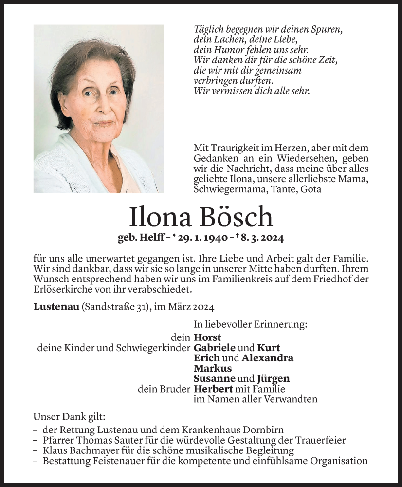  Todesanzeige für Ilona Bösch vom 15.03.2024 aus Vorarlberger Nachrichten