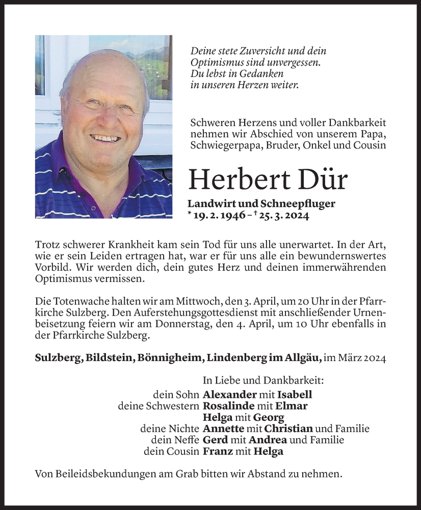  Todesanzeige für Herbert Dür vom 29.03.2024 aus Vorarlberger Nachrichten