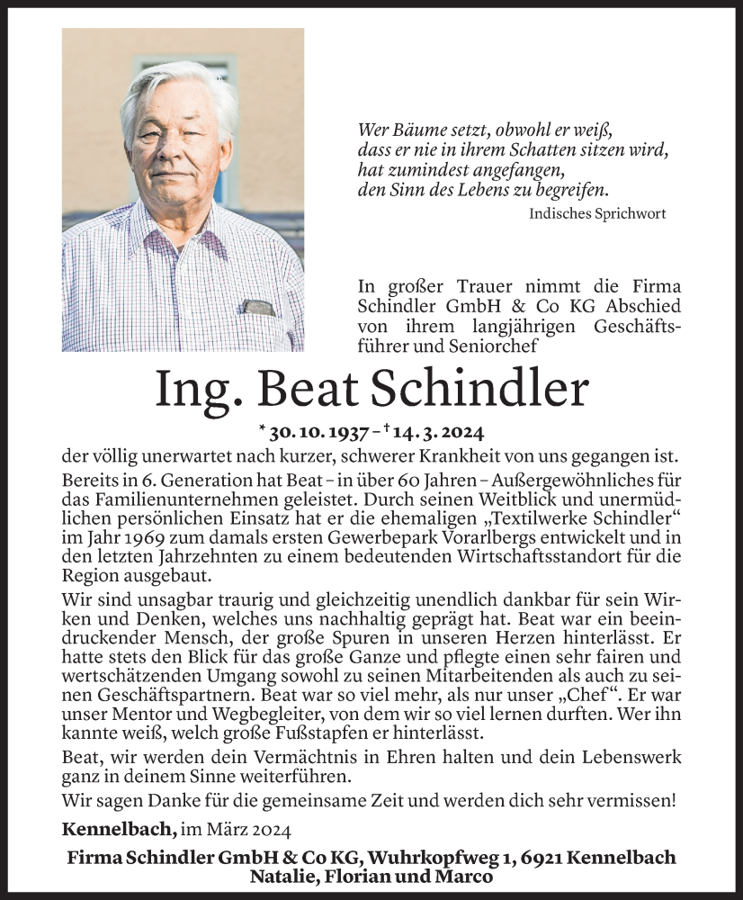  Todesanzeige für Beat Schindler vom 20.03.2024 aus Vorarlberger Nachrichten