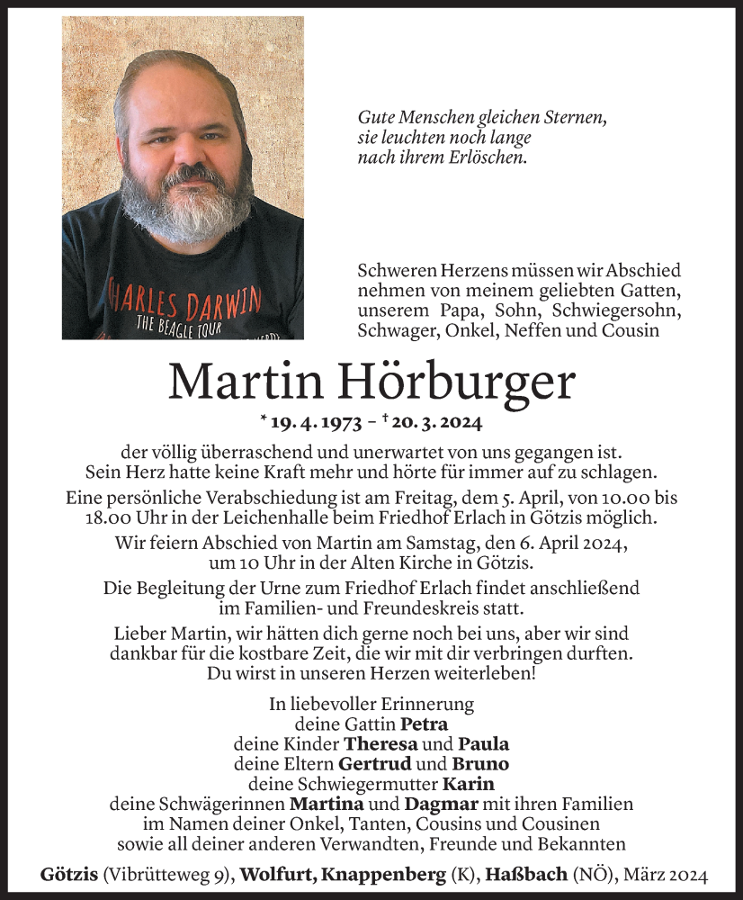  Todesanzeige für Martin Hörburger vom 30.03.2024 aus Vorarlberger Nachrichten