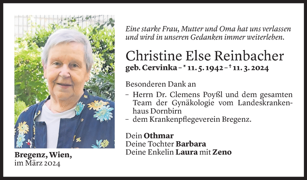  Todesanzeige für Christine Reinbacher vom 23.03.2024 aus Vorarlberger Nachrichten
