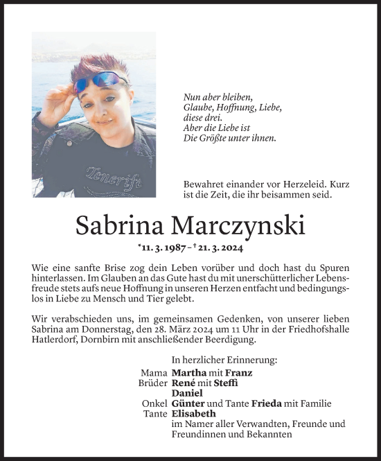 Todesanzeige von Sabrina Marczynski von Vorarlberger Nachrichten