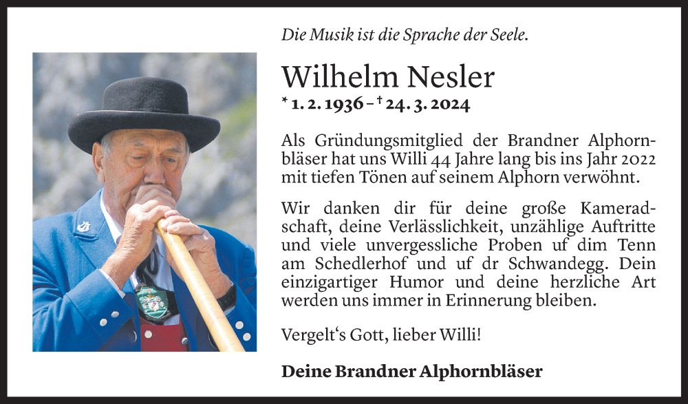  Todesanzeige für Wilhelm Nesler vom 28.03.2024 aus Vorarlberger Nachrichten