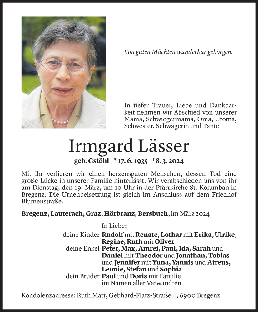  Todesanzeige für Irmgard Lässer vom 13.03.2024 aus Vorarlberger Nachrichten
