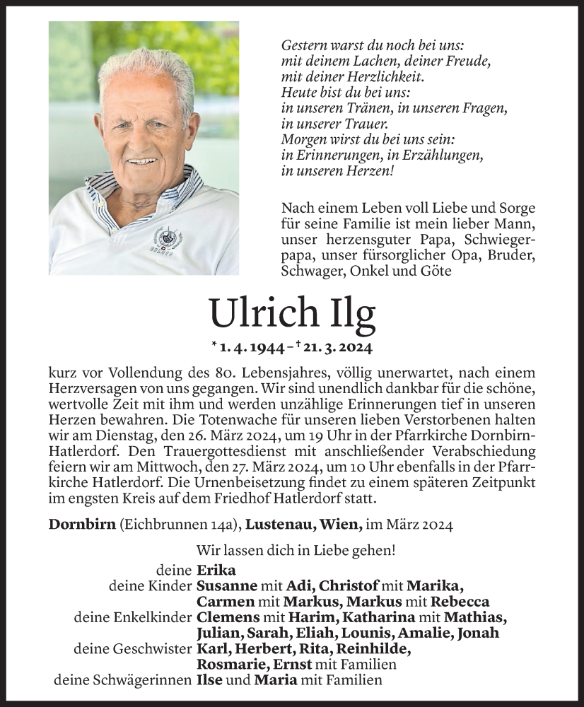  Todesanzeige für Ulrich Ilg vom 23.03.2024 aus Vorarlberger Nachrichten