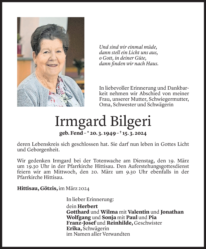  Todesanzeige für Irmgard Bilgeri vom 19.03.2024 aus Vorarlberger Nachrichten