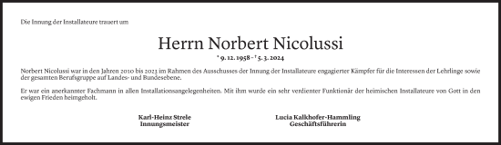 Todesanzeige von Norbert Nicolussi von Vorarlberger Nachrichten