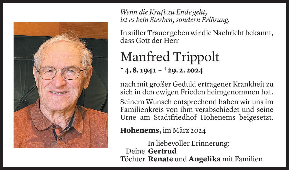  Todesanzeige für Manfred Trippolt vom 10.03.2024 aus Vorarlberger Nachrichten