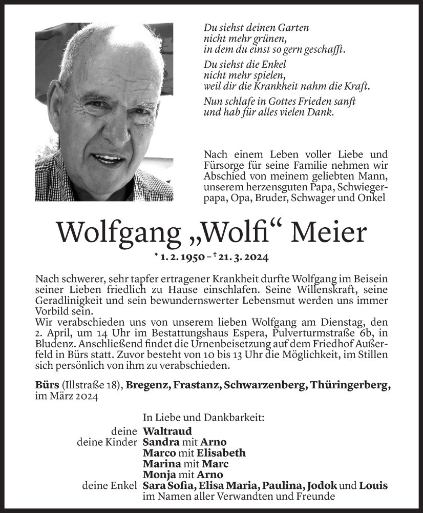  Todesanzeige für Wolfgang Meier vom 27.03.2024 aus Vorarlberger Nachrichten
