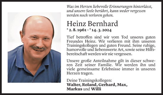 Todesanzeige von Heinz Bernhard von Vorarlberger Nachrichten