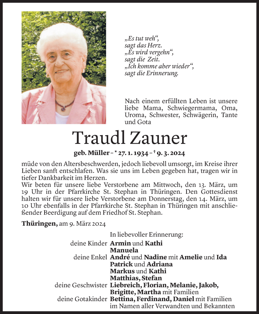  Todesanzeige für Traudl Zauner vom 12.03.2024 aus Vorarlberger Nachrichten