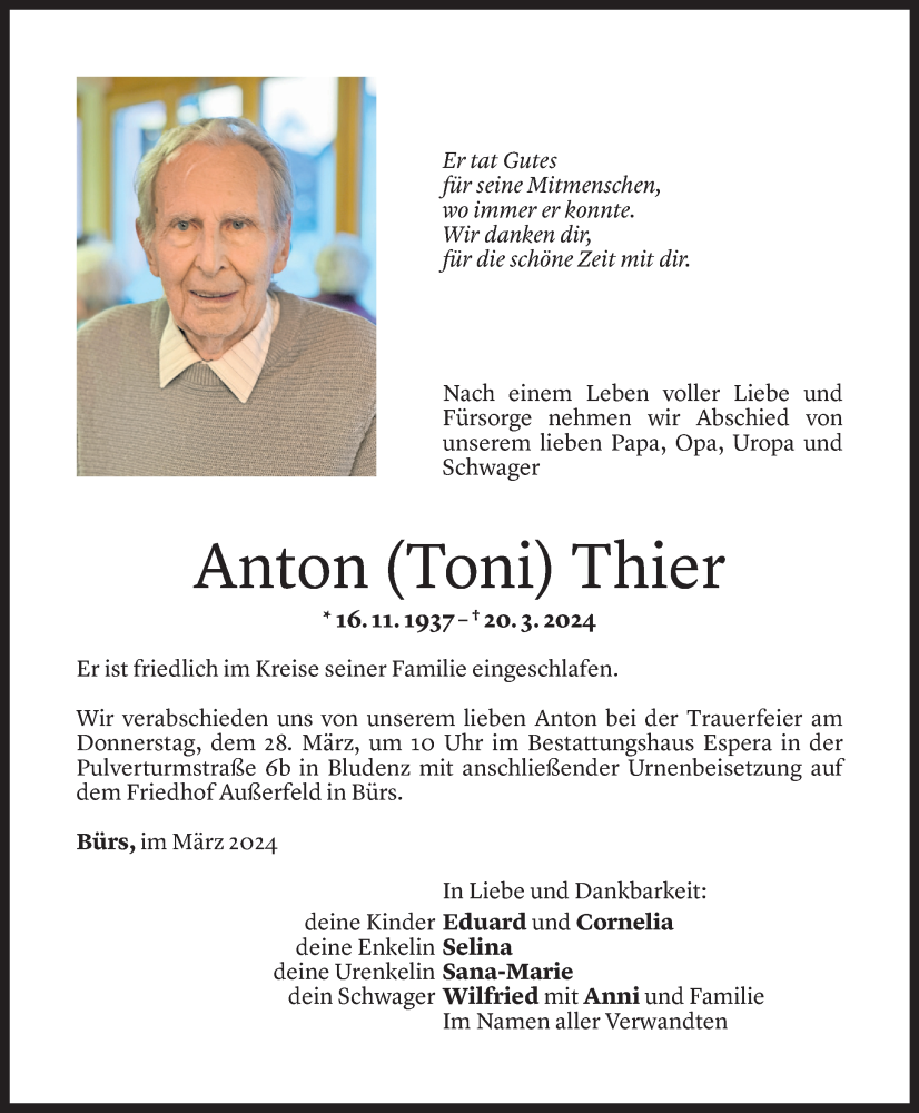  Todesanzeige für Anton Thier vom 24.03.2024 aus Vorarlberger Nachrichten
