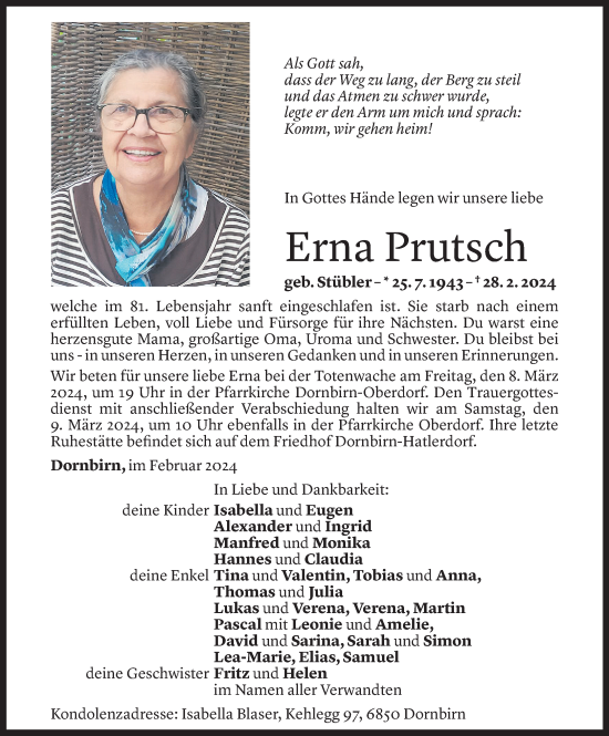 Todesanzeige von Erna Prutsch von Vorarlberger Nachrichten