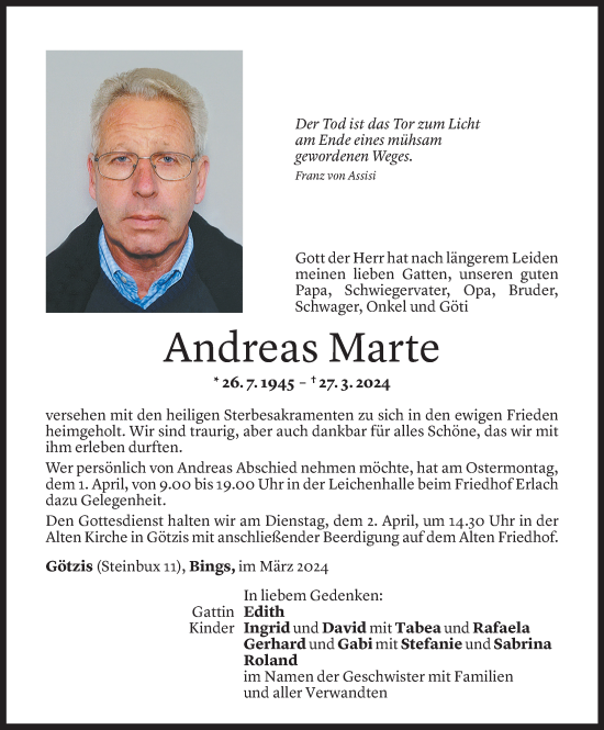 Todesanzeige von Andreas Marte von Vorarlberger Nachrichten
