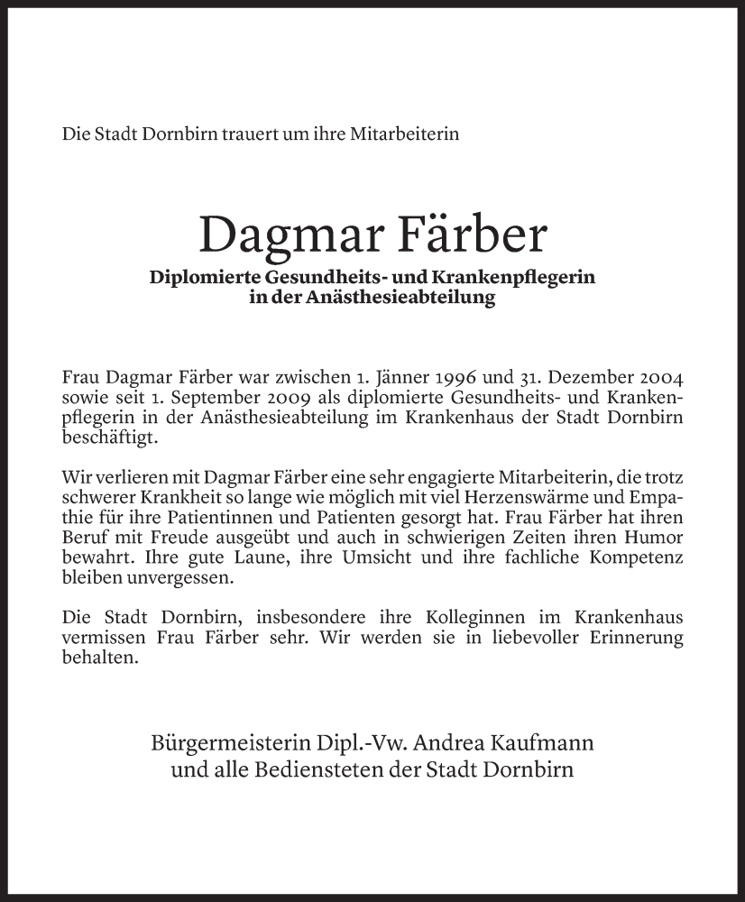  Todesanzeige für Dagmar Färber vom 14.03.2024 aus Vorarlberger Nachrichten