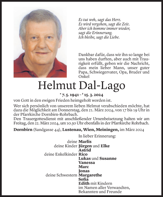 Todesanzeige von Helmut Dal Lago von Vorarlberger Nachrichten