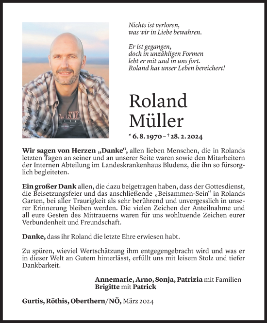 Todesanzeige von Roland Müller von Vorarlberger Nachrichten
