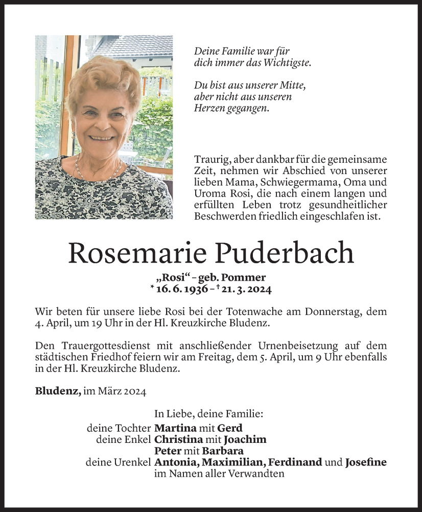  Todesanzeige für Rosemarie Puderbach vom 01.04.2024 aus Vorarlberger Nachrichten