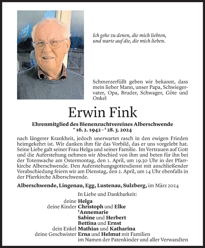  Todesanzeige für Erwin Fink vom 29.03.2024 aus Vorarlberger Nachrichten