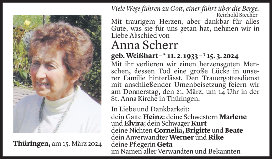 Todesanzeige von Anna Scherr von Vorarlberger Nachrichten