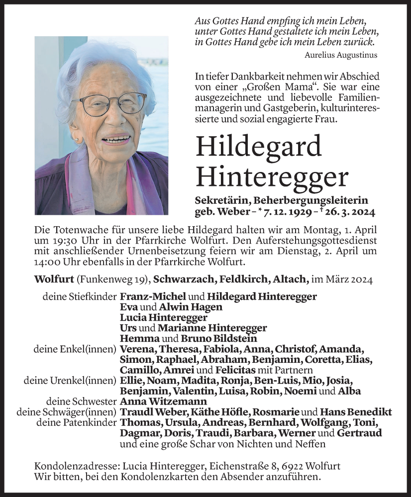  Todesanzeige für Hildegard Hinteregger vom 29.03.2024 aus Vorarlberger Nachrichten