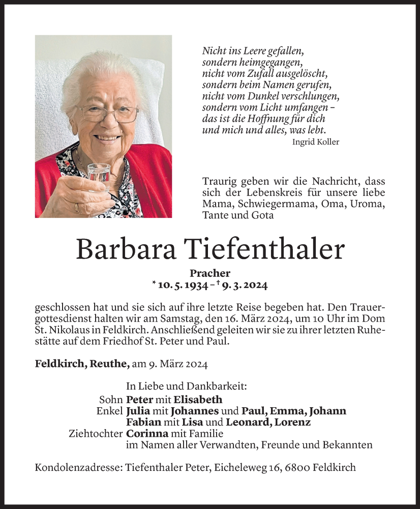 Todesanzeige für Barbara Tiefenthaler vom 13.03.2024 aus Vorarlberger Nachrichten