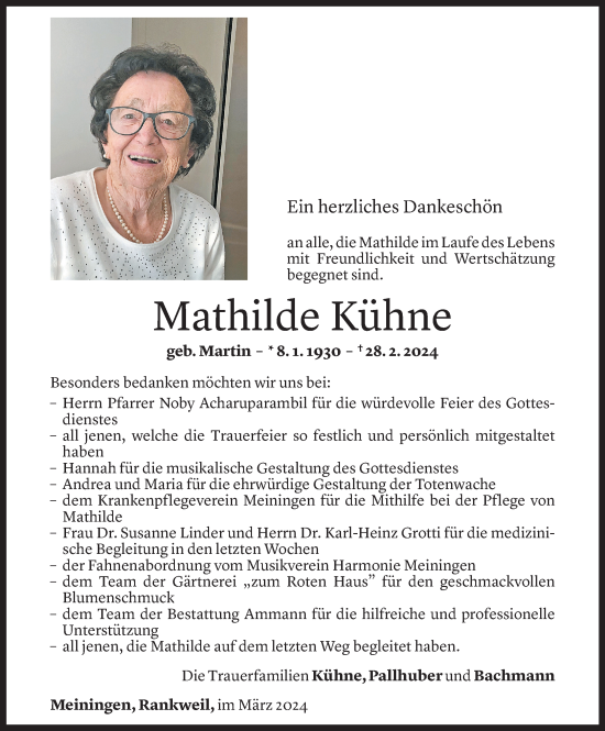 Todesanzeige von Mathilde Kühne von Vorarlberger Nachrichten