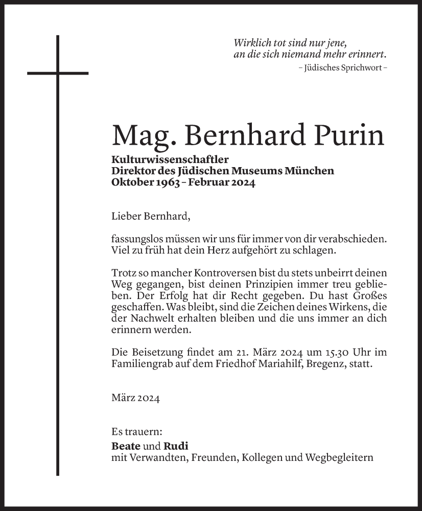  Todesanzeige für Bernhard Purin vom 17.03.2024 aus Vorarlberger Nachrichten
