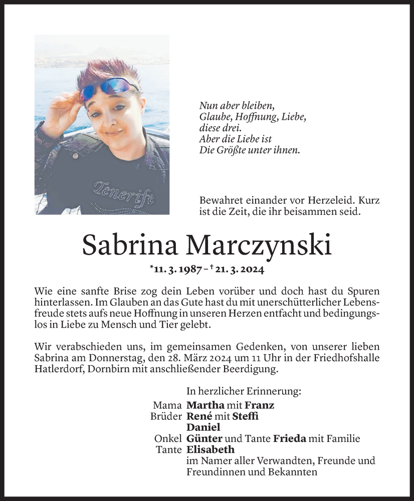  Todesanzeige für Sabrina Marczynski vom 25.03.2024 aus Vorarlberger Nachrichten
