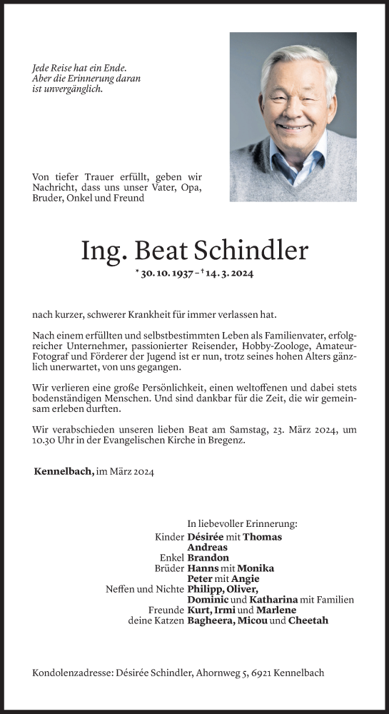  Todesanzeige für Beat Schindler vom 20.03.2024 aus Vorarlberger Nachrichten