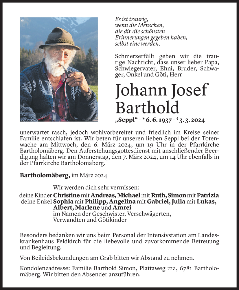  Todesanzeige für Johann Barthold vom 04.03.2024 aus Vorarlberger Nachrichten