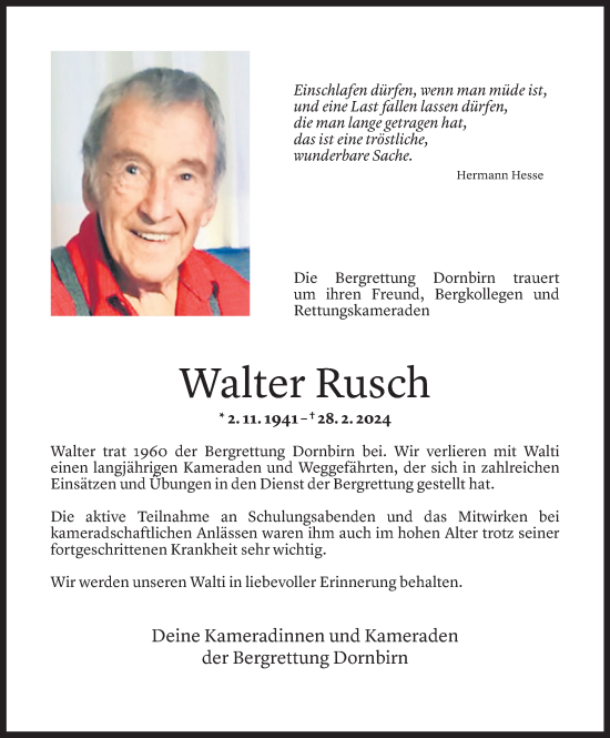 Todesanzeige von Walter Rusch von Vorarlberger Nachrichten