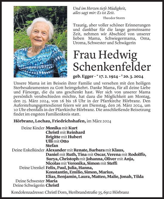 Todesanzeige von Hedwig Schenkenfelder von Vorarlberger Nachrichten