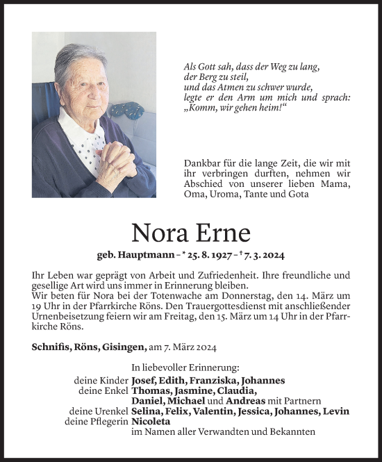 Todesanzeige von Nora Erne von Vorarlberger Nachrichten