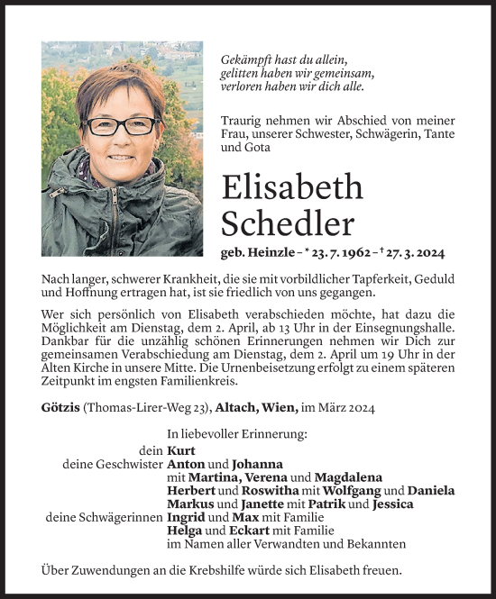 Todesanzeige von Elisabeth Schedler von Vorarlberger Nachrichten