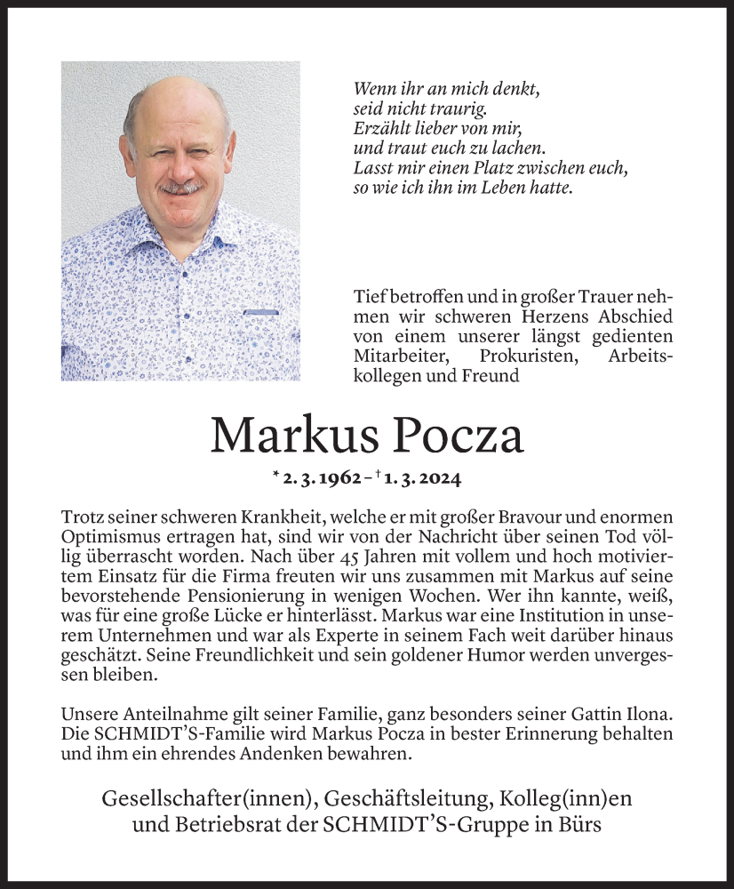  Todesanzeige für Markus Pocza vom 07.03.2024 aus Vorarlberger Nachrichten