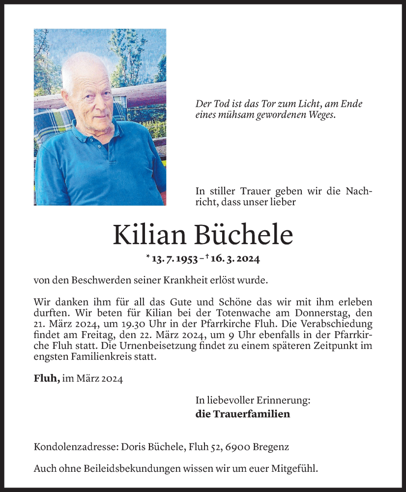  Todesanzeige für Kilian Büchele vom 20.03.2024 aus Vorarlberger Nachrichten