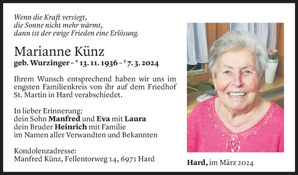  Todesanzeige für Marianne Künz vom 16.03.2024 aus Vorarlberger Nachrichten