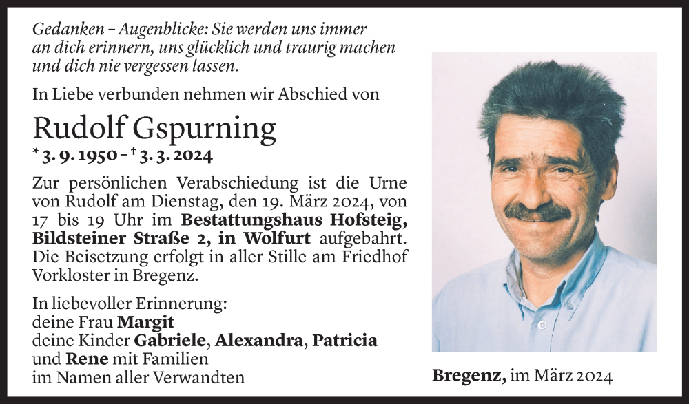  Todesanzeige für Rudolf Gspurning vom 15.03.2024 aus Vorarlberger Nachrichten