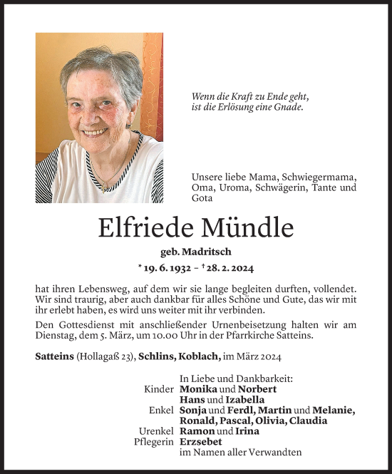Todesanzeige von Elfriede Mündle von Vorarlberger Nachrichten