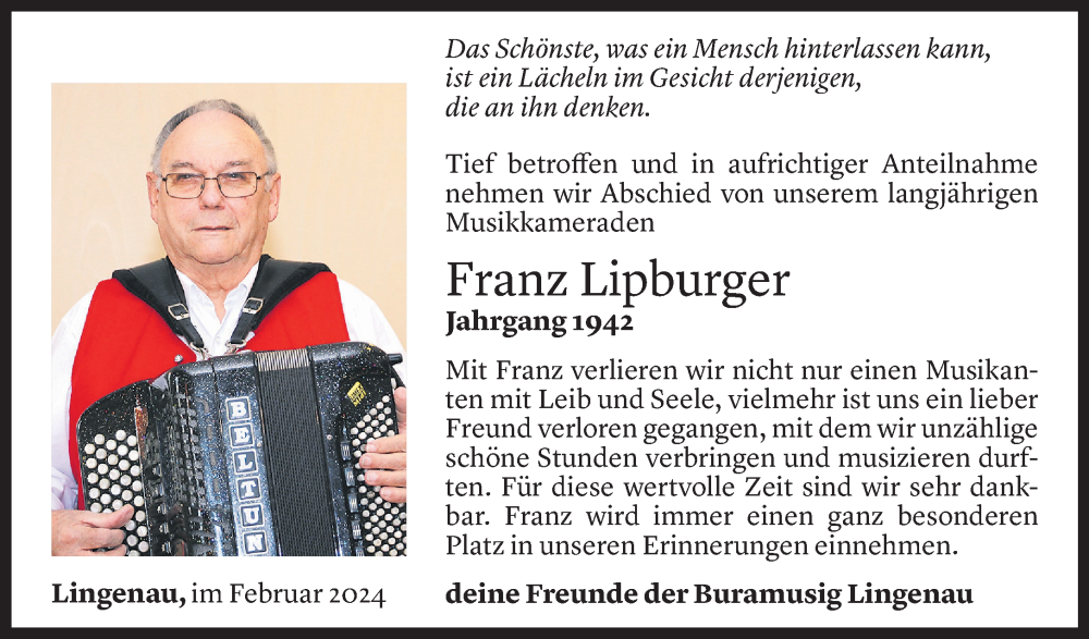  Todesanzeige für Franz Lipburger vom 01.03.2024 aus Vorarlberger Nachrichten