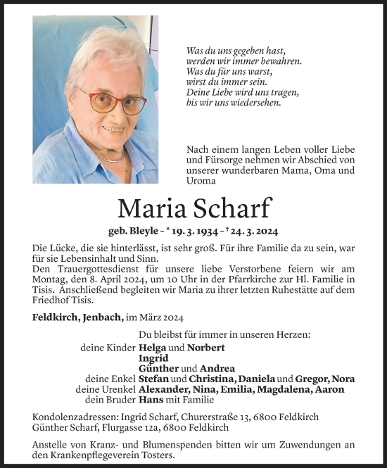 Todesanzeige von Maria Scharf von Vorarlberger Nachrichten