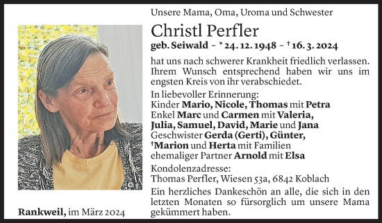 Todesanzeige von Christl Perfler von Vorarlberger Nachrichten